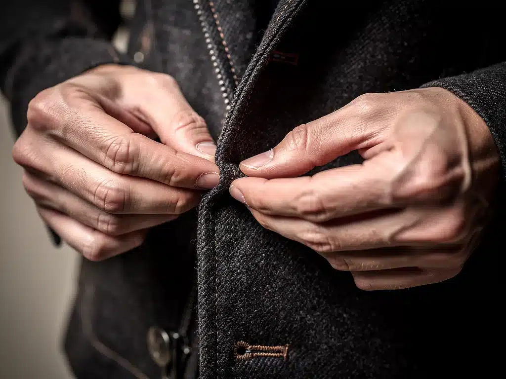 Hands inspecting fabric quality of a limited edition fashion item