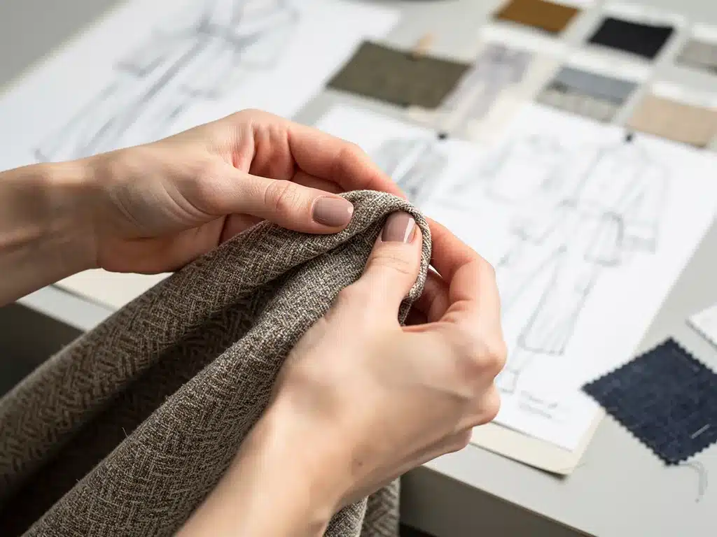 Hands inspecting a unique fabric from a limited-edition garment during a fashion trial.