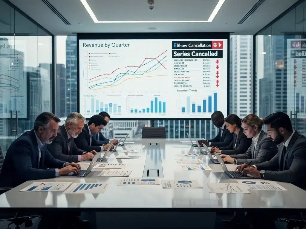 Media executives discussing financial reports and content strategies