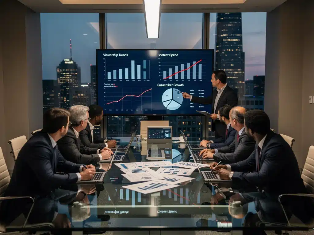 Executives analyzing viewership data and budgets in a boardroom, strategizing against streaming competition.