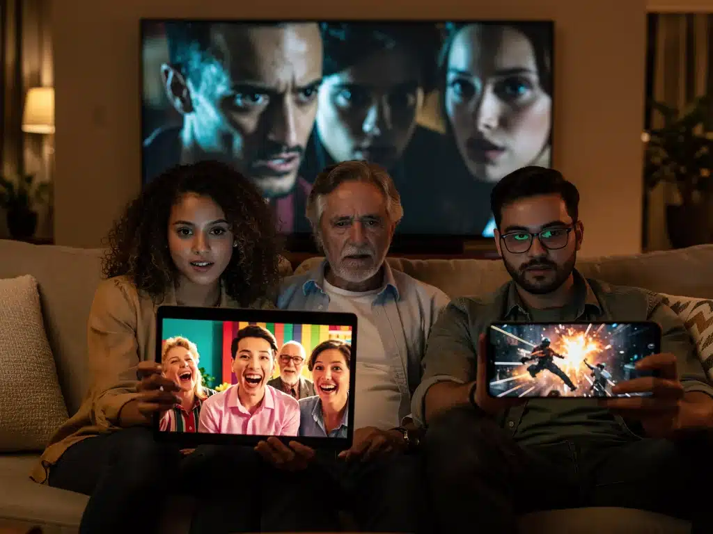 Diverse viewers watching original series on various devices, showcasing evolving consumption habits.
