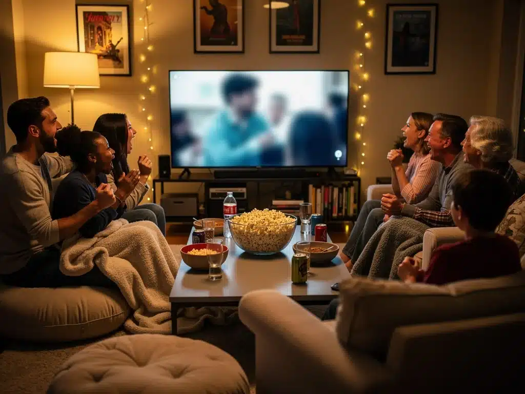 Group of people eagerly watching a new 2026 cable original premiere on television