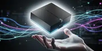 Futuristic hand reaching for exclusive limited series product box