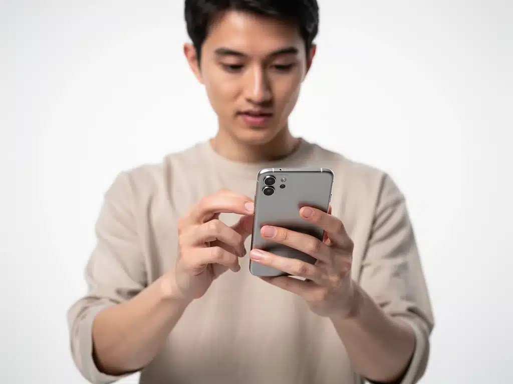 Consumer testing a new smartphone in a modern, clean environment