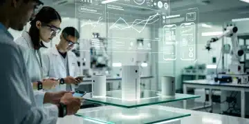 Futuristic lab with emerging brand product prototypes and design team