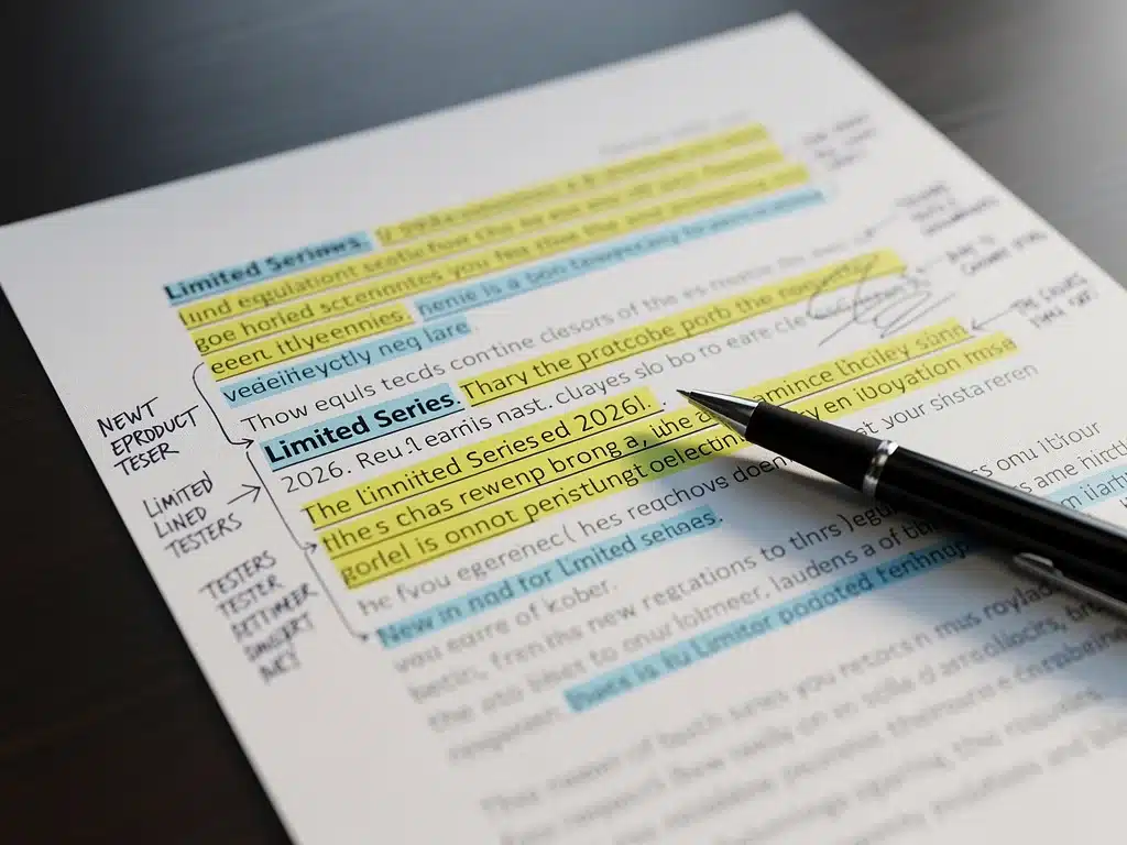 Close-up of policy document outlining new regulations for product testers.