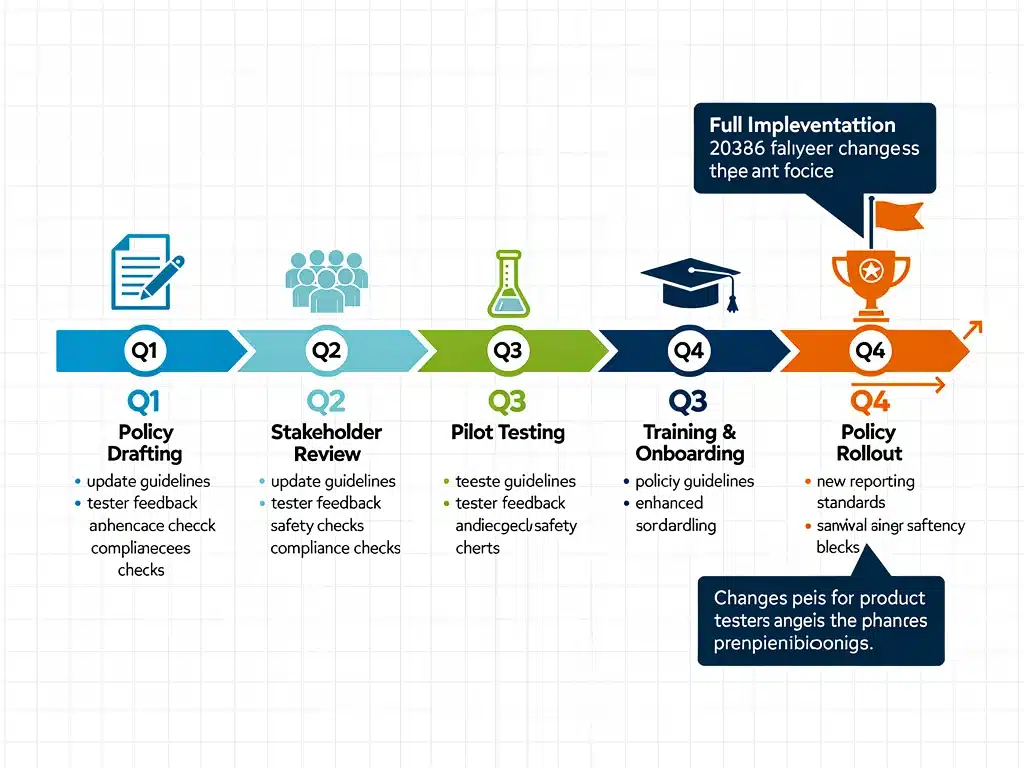 Timeline infographic showing implementation phases of new product tester policies.