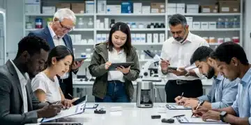 Diverse product testers evaluating various items in a modern lab setting.