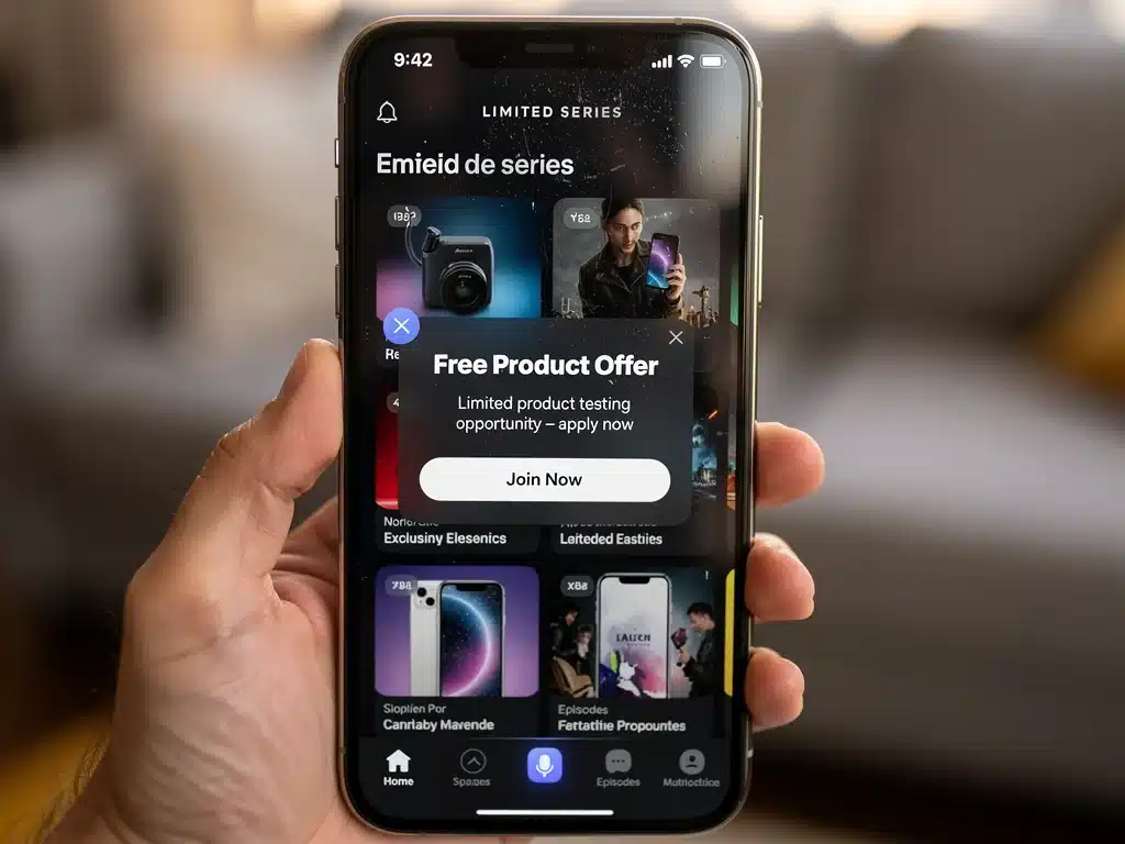 Smartphone screen showing limited series platform with free product notification