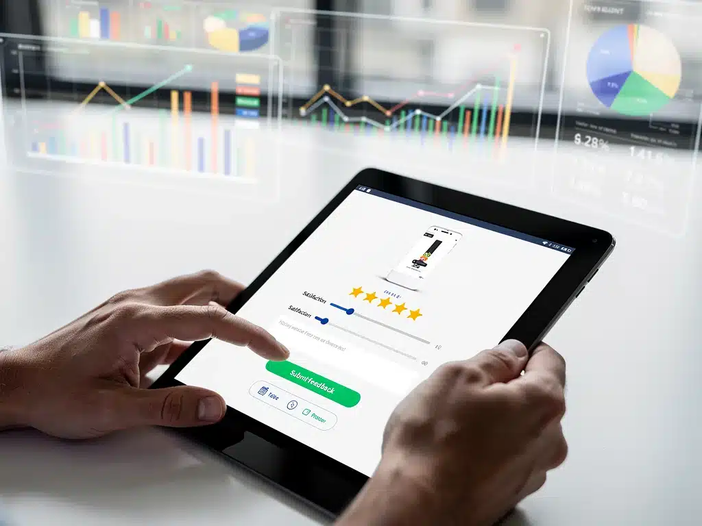 Hands interacting with a tablet interface for digital product feedback submission and data analysis.