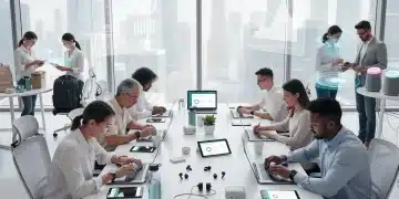 Diverse group of people actively testing new products, providing feedback, and collaborating in a modern setting.