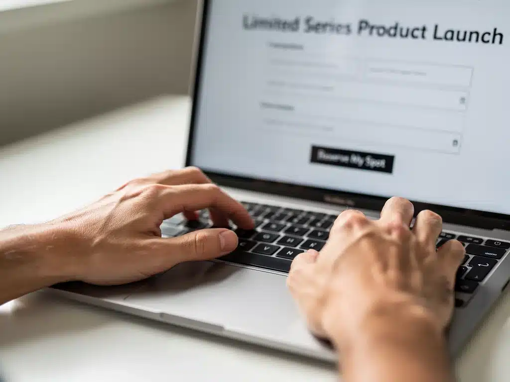 Hands typing on a laptop, registering for a limited series product launch